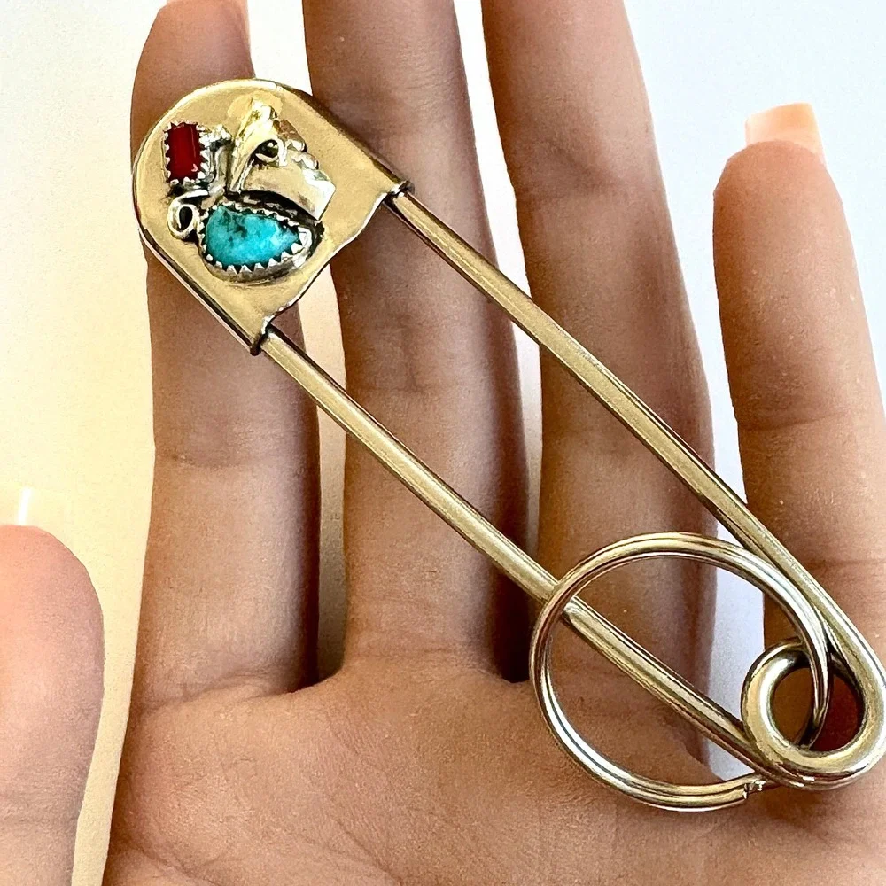 Navajo Safety Pin Keyring Turquoise Coral Leaf Key Chain Tag 4in Mens Gift Big